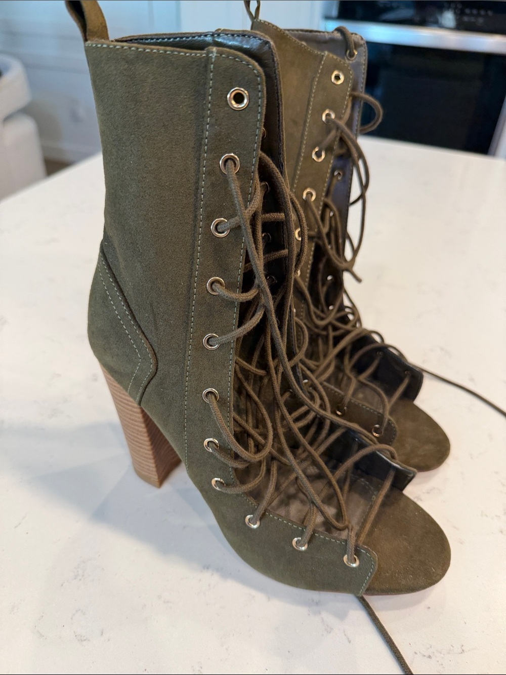 Liliana Olive Green Lace-Up Open Toe Chunky Heel Boots